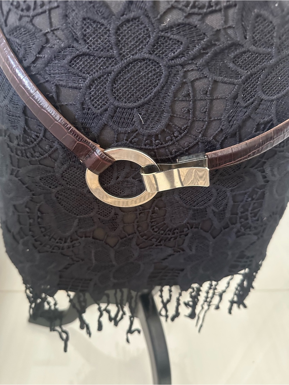 Women's Croc-Embossed Brown Leather Belt with silver Ring Buckle
